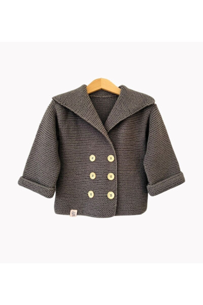Baby Kids Girl Boy Charcoal Smoke 100% Cotton Wooden Button Hand Knitted Knit Shawl Collar Cardigan Jacket - BEE BY SISTERS