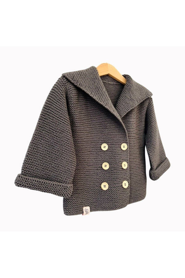 Baby Kids Girl Boy Charcoal Smoke 100% Cotton Wooden Button Hand Knitted Knit Shawl Collar Cardigan Jacket - 2
