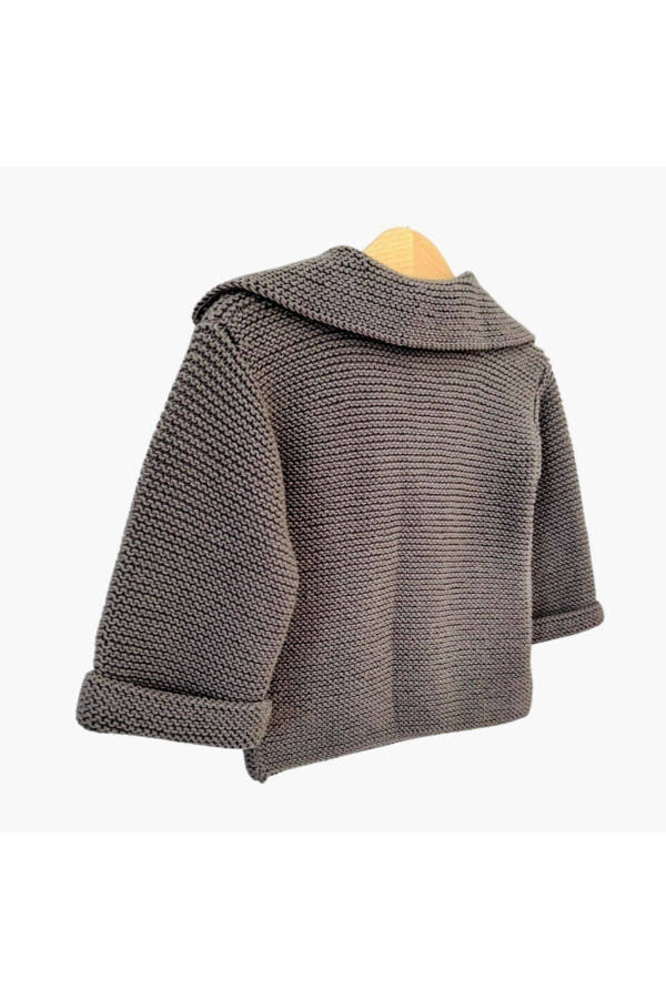 Baby Kids Girl Boy Charcoal Smoke 100% Cotton Wooden Button Hand Knitted Knit Shawl Collar Cardigan Jacket - 3