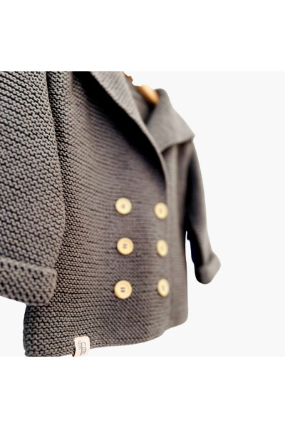 Baby Kids Girl Boy Charcoal Smoke 100% Cotton Wooden Button Hand Knitted Knit Shawl Collar Cardigan Jacket - 4