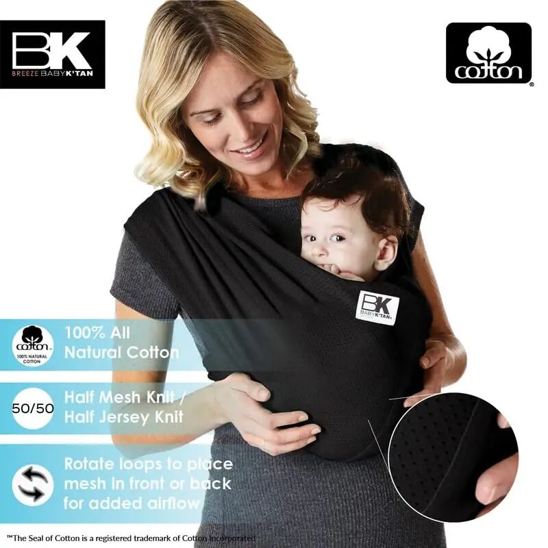 Baby K'tan Breeze Pre-Wrapped Baby Carrier & Wrap, Black, X-Small | Made to fit you & keep baby close. Use size guide. 100% cotton breathable mesh for airflow. No buckles or hardware. - 5