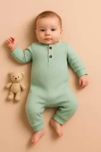 Baby Long Sleeve Fleece Buttoned Romper 100% Cotton - 1