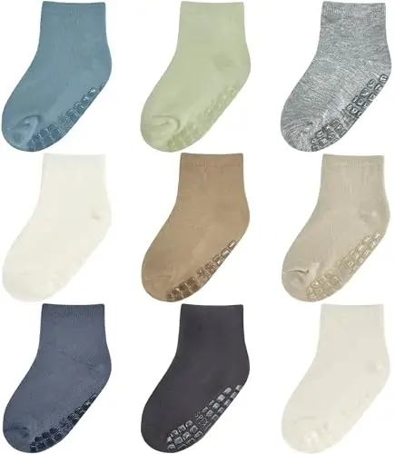 Baby Mid-Crew Socks with Grips (9 Pairs) for 0-7 Years Old Toddler Boy Girl Kids 