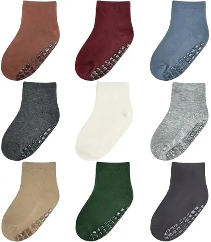 Baby Mid-Crew Socks with Grips (9 Pairs) for 0-7 Years Old Toddler Boy Girl Kids - SIMPLY KIDS