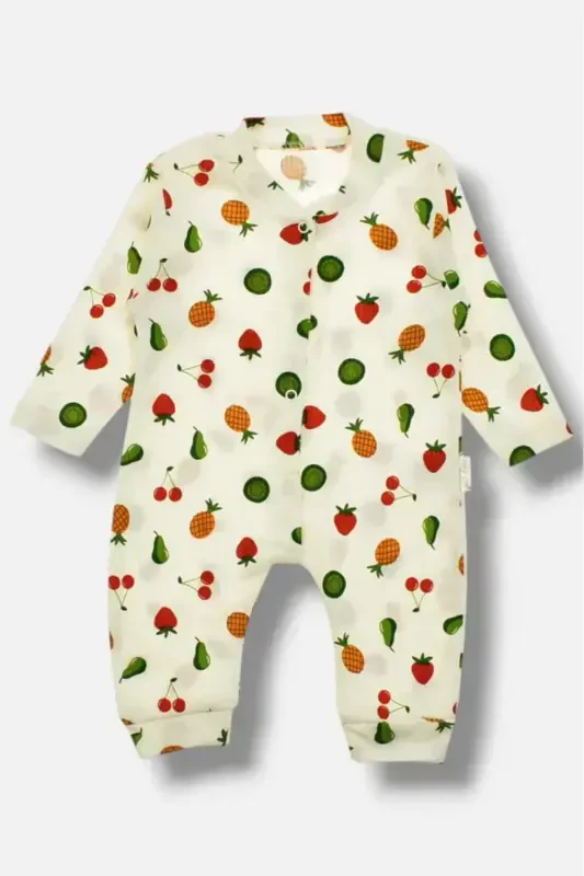 Baby Mixed Fruit Print Snap Fastener Newborn Baby Jumpsuit %100 Cotton Flexible 1-3-6 Months-ECRU FRUIT - DINAMIK ÇOCUK