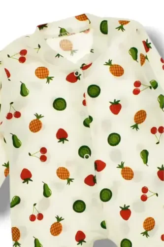 Baby Mixed Fruit Print Snap Fastener Newborn Baby Jumpsuit %100 Cotton Flexible 1-3-6 Months-ECRU FRUIT - DINAMIK ÇOCUK (1)
