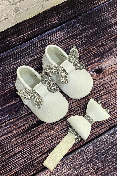 Baby Moccasins White Front Silver Butterfly And Hair Band - 9