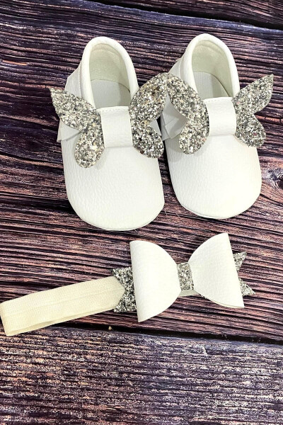 Baby Moccasins White Front Silver Butterfly And Hair Band - 10