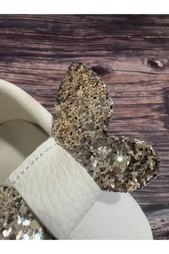 Baby Moccasins White Front Silver Butterfly And Hair Band - 1
