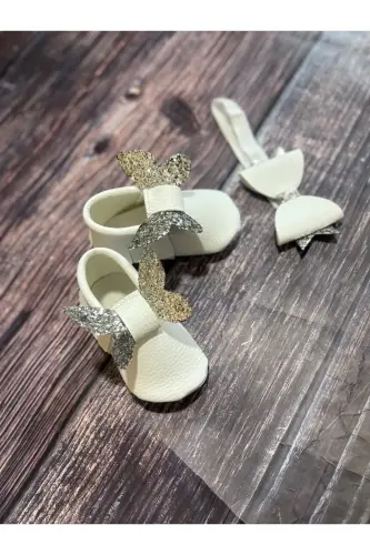 Baby Moccasins White Front Silver Butterfly And Hair Band - 7