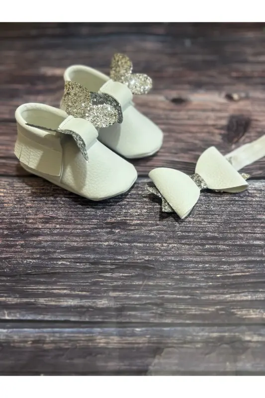 Baby Moccasins White Front Silver Butterfly And Hair Band - 8