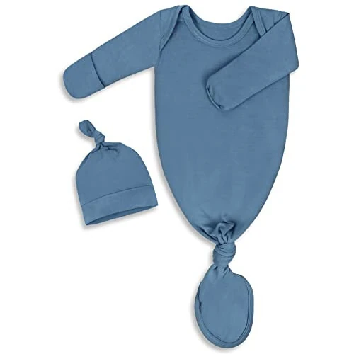 Baby Newborn Knotted Gown 0-6 Months, Super Soft Infant Long Sleeve Sleepwear for Girl and Boy, Baby Coming Home Hospital Outfit with Hat Set Light Blue - Baby