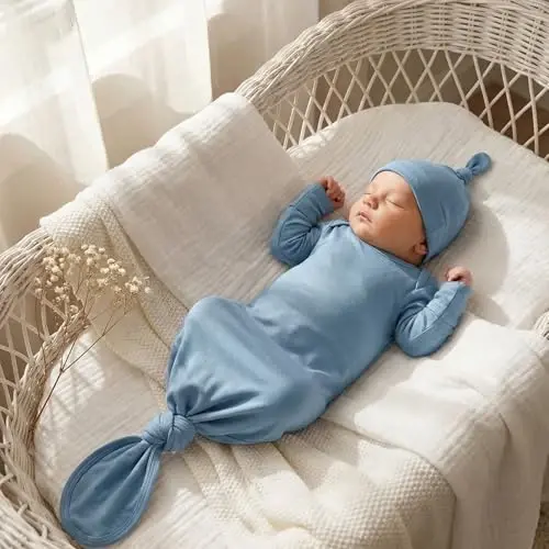 Baby Newborn Knotted Gown 0-6 Months, Super Soft Infant Long Sleeve Sleepwear for Girl and Boy, Baby Coming Home Hospital Outfit with Hat Set Light Blue - 4