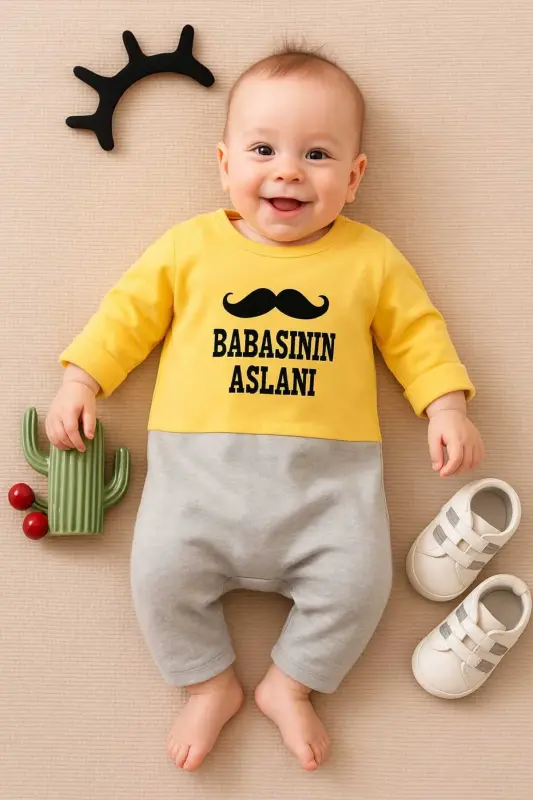 Baby Onesie 100% Cotton Yellow-Grey Lion of His Father - BEBEKPARE