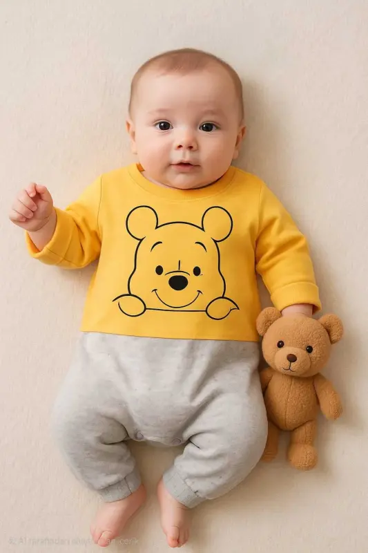 Baby Onesie 100% Cotton Yellow-Grey Winnie Drawing - BEBEKPARE