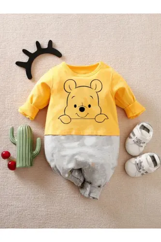 Baby Onesie 100% Cotton Yellow-Grey Winnie Drawing - BEBEKPARE (1)