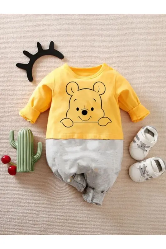 Baby Onesie 100% Cotton Yellow-Grey Winnie Drawing - 2