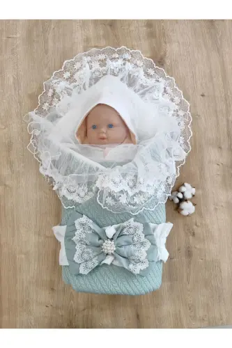 Baby Outdoor Swaddle Blanket Knitted Lace Veiled Baby Swaddle Hospital Outing Newborn Gift-MINT - 11