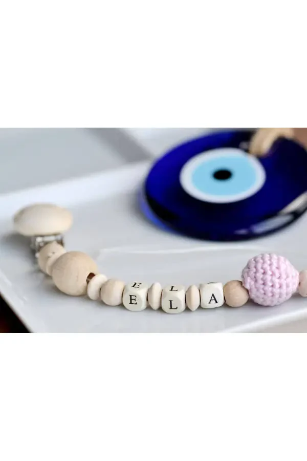 Baby Pacifier Clip Short Names Custom Natural Wood Beads - 1