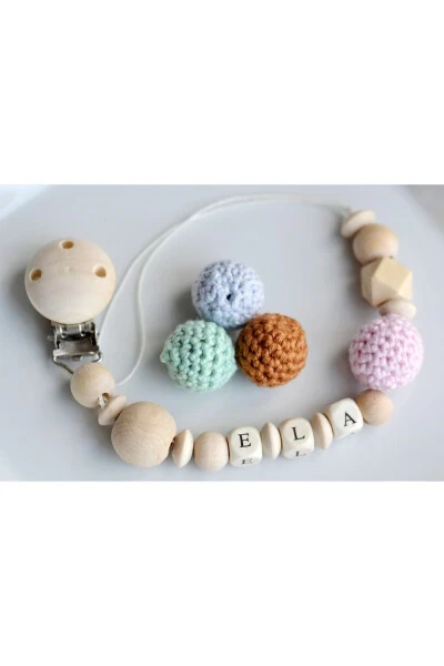 Baby Pacifier Clip Short Names Custom Natural Wood Beads - 3