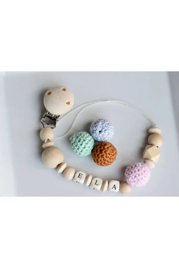 Baby Pacifier Clip Short Names Custom Natural Wood Beads - 4