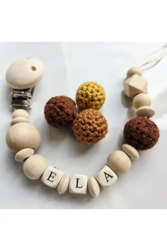 Baby Pacifier Clip Short Names Custom Natural Wood Beads - 1