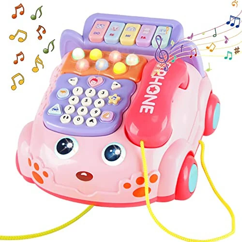 Baby Phone Toy, Baby Toy Phone Cartoon Baby Piano Music Light Toy Children Pretend Phone, Kids Cell Phone Girl with Light Parent-Child Interactive Toy Gift Game Boy Girl Early Education Gift Pink 18M+ - 1