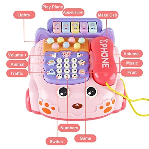 Baby Phone Toy, Baby Toy Phone Cartoon Baby Piano Music Light Toy Children Pretend Phone, Kids Cell Phone Girl with Light Parent-Child Interactive Toy Gift Game Boy Girl Early Education Gift Pink 18M+ - 3