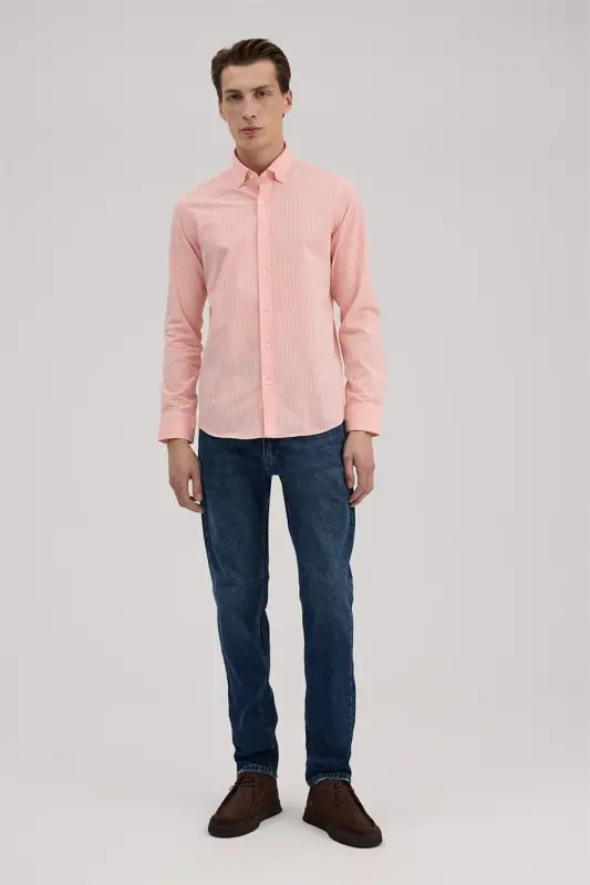 Baby Pink Comfort Fit 100% Cotton Striped Shirt - JAKAMEN