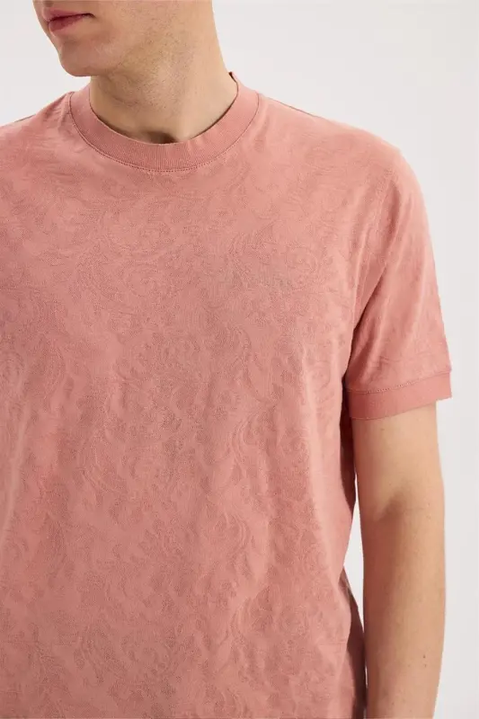 Baby Pink Slim Fit Crew Neck Patterned 100% Cotton T-Shirt - 3