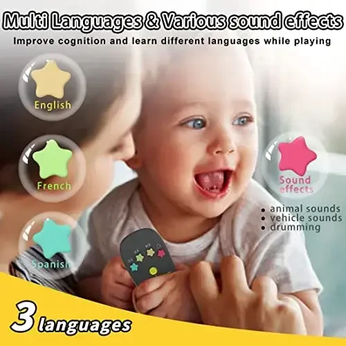 Baby Remote Toy, Toddlers TV Remote Control Toy Kids Realistic Play Remote Early Educational Baby Musical Toys with Light and Sound English French Spanish for Proshool Boys Girls 6 Month+, Gray - 4