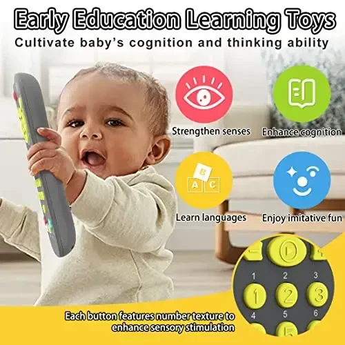 Baby Remote Toy, Toddlers TV Remote Control Toy Kids Realistic Play Remote Early Educational Baby Musical Toys with Light and Sound English French Spanish for Proshool Boys Girls 6 Month+, Gray - 5