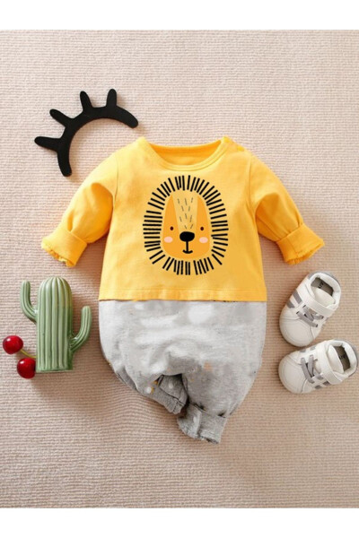 Baby Romper 100% Cotton Yellow-Gray Lion - BEBEKPARE