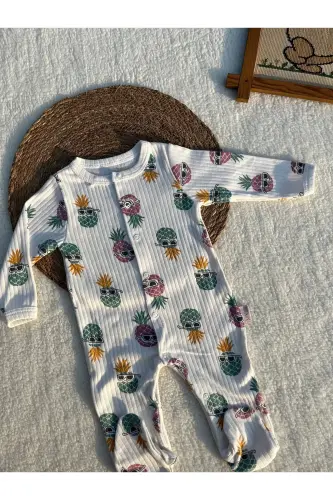 Baby romper, combed cotton romper, newborn romper - White patterned - 1