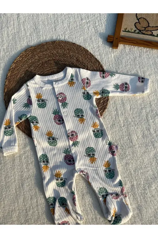 Baby romper, combed cotton romper, newborn romper - White patterned - 1