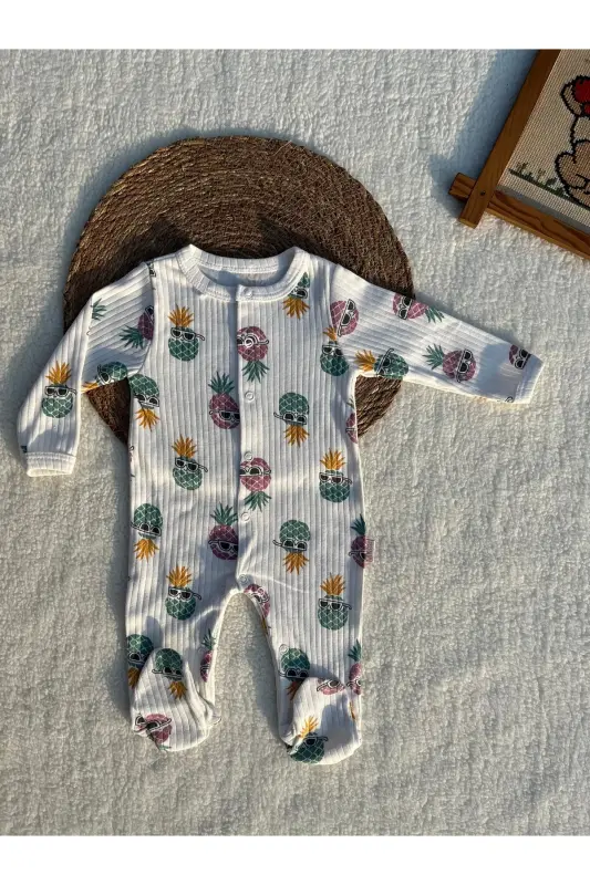 Baby romper, combed cotton romper, newborn romper - White patterned - 2