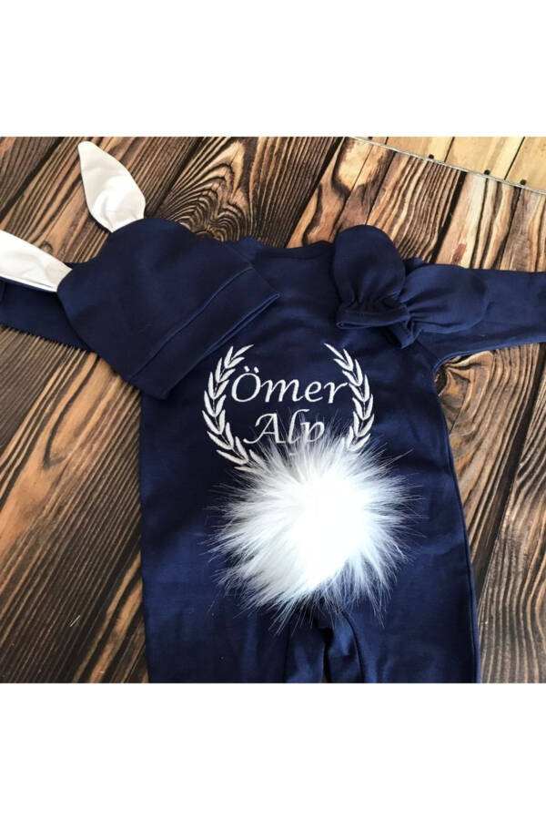 Baby Romper with Rabbit and Name Embroidery (navy blue) - 1
