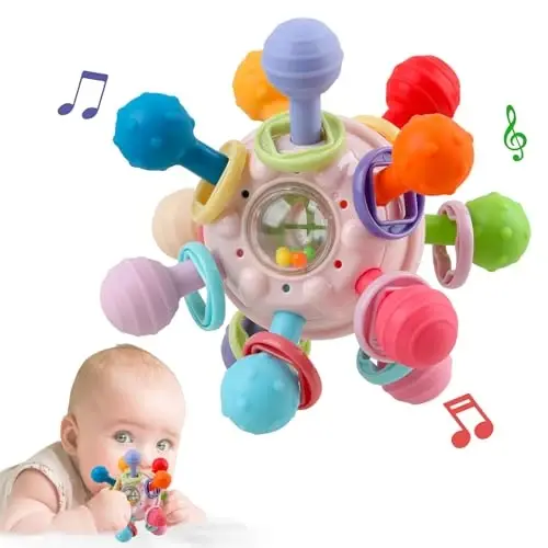 Baby Sensory Teething Toys - Baby Teether & Rattle (Pink) | Newborn Infant Montessori Toys, 0 3 6 9 12 Months Boys Girls Gifts - Baby