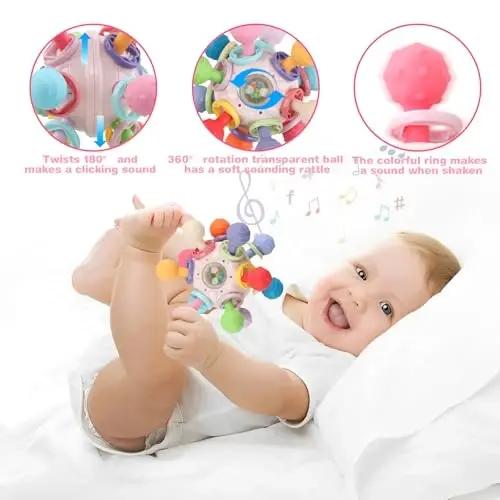 Baby Sensory Teething Toys - Baby Teether & Rattle (Pink) | Newborn Infant Montessori Toys, 0 3 6 9 12 Months Boys Girls Gifts - Baby (1)