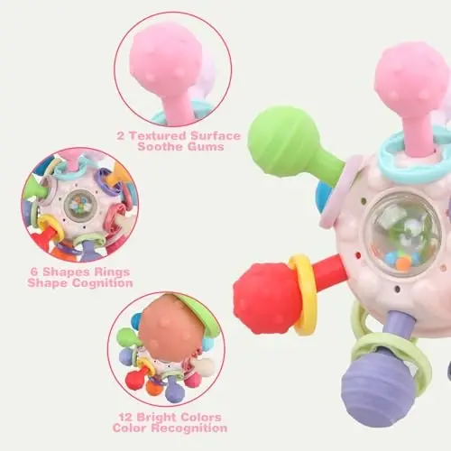 Baby Sensory Teething Toys - Baby Teether & Rattle (Pink) | Newborn Infant Montessori Toys, 0 3 6 9 12 Months Boys Girls Gifts - 4