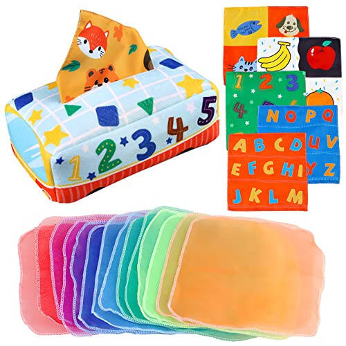 Baby Sensory Tissue Box Toy - Montessori Toys for Babies 0 6 9 12 18 Month - Infant Gifts for 1 2 3 One Year Old Boy Girl - Newborn High Contrast Crinkle Toys Toddler Educational Learning Activities - 1