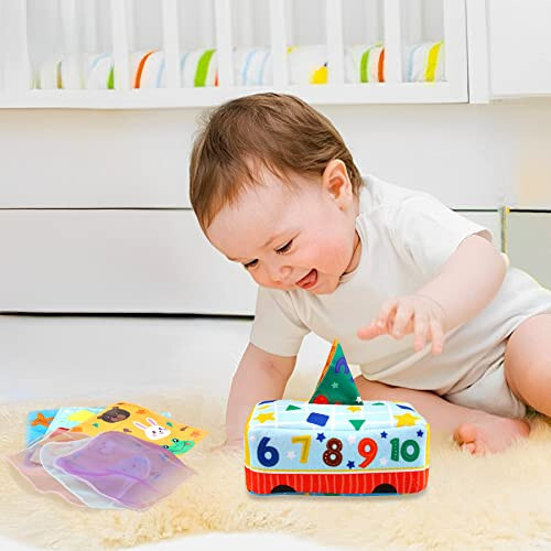 Baby Sensory Tissue Box Toy - Montessori Toys for Babies 0 6 9 12 18 Month - Infant Gifts for 1 2 3 One Year Old Boy Girl - Newborn High Contrast Crinkle Toys Toddler Educational Learning Activities - 2