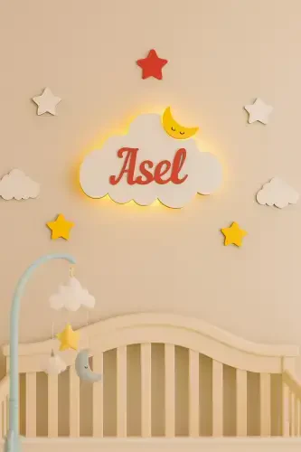 Baby Shower Wooden Name Cloud Night Light LED Lighting Newborn Gift-Red - 1
