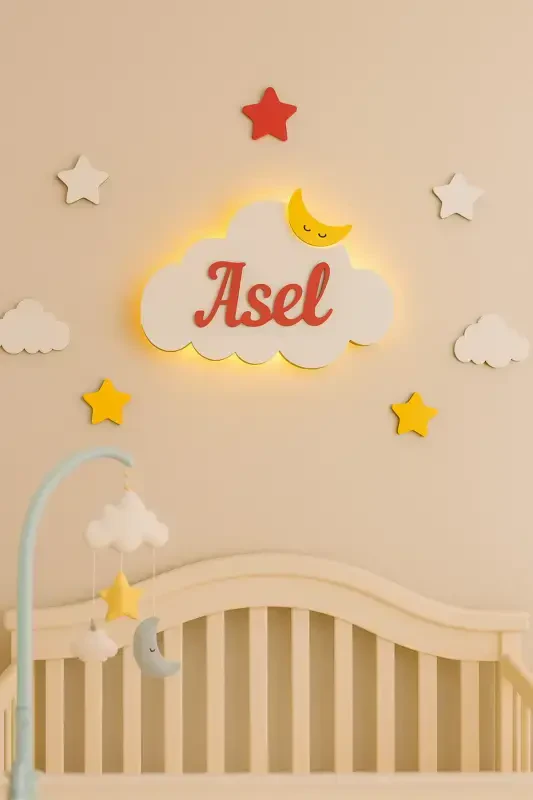 Baby Shower Wooden Name Cloud Night Light LED Lighting Newborn Gift-Red - 1