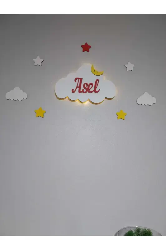 Baby Shower Wooden Name Cloud Night Light LED Lighting Newborn Gift-Red - 4