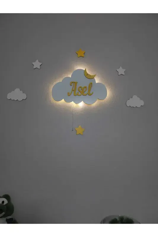 Baby Shower Wooden Name Cloud Night Light LED Lighting Newborn Gift-Yellow Roped - ARSERGROUP