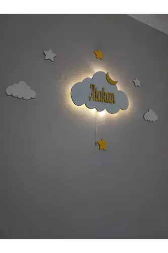 Baby Shower Wooden Name Cloud Night Light LED Lighting Newborn Gift-Yellow Roped - 3