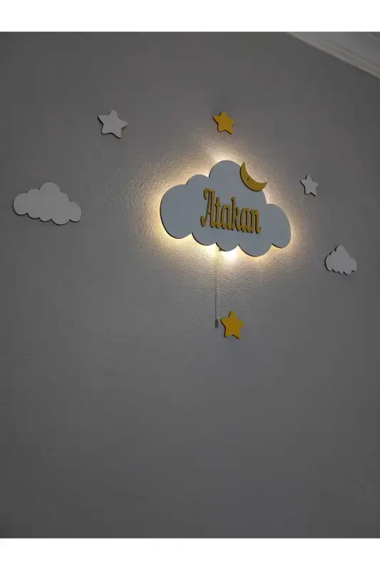 Baby Shower Wooden Name Cloud Night Light LED Lighting Newborn Gift-Yellow Roped - 3