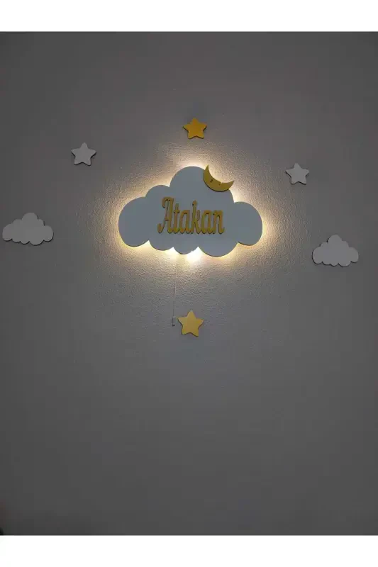 Baby Shower Wooden Name Cloud Night Light LED Lighting Newborn Gift-Yellow Roped - 4