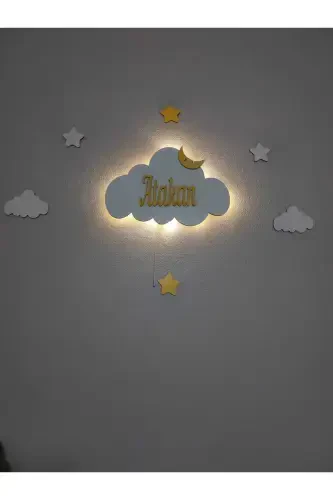 Baby Shower Wooden Name Cloud Night Light LED Lighting Newborn Gift-Yellow Roped - 5